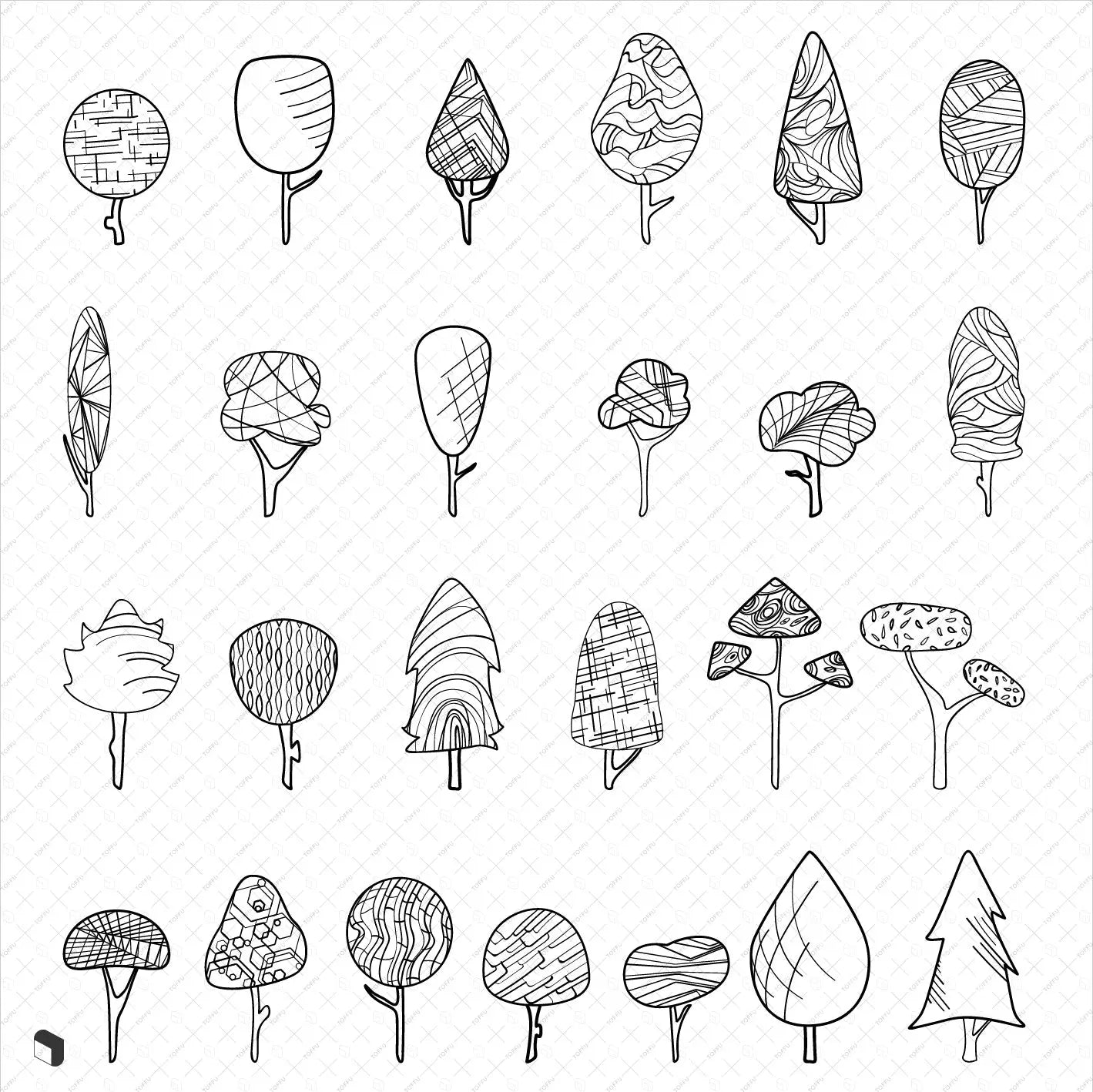 Flat Vector Freehand Trees 3 Digital Artwork drawings | Toffu Co