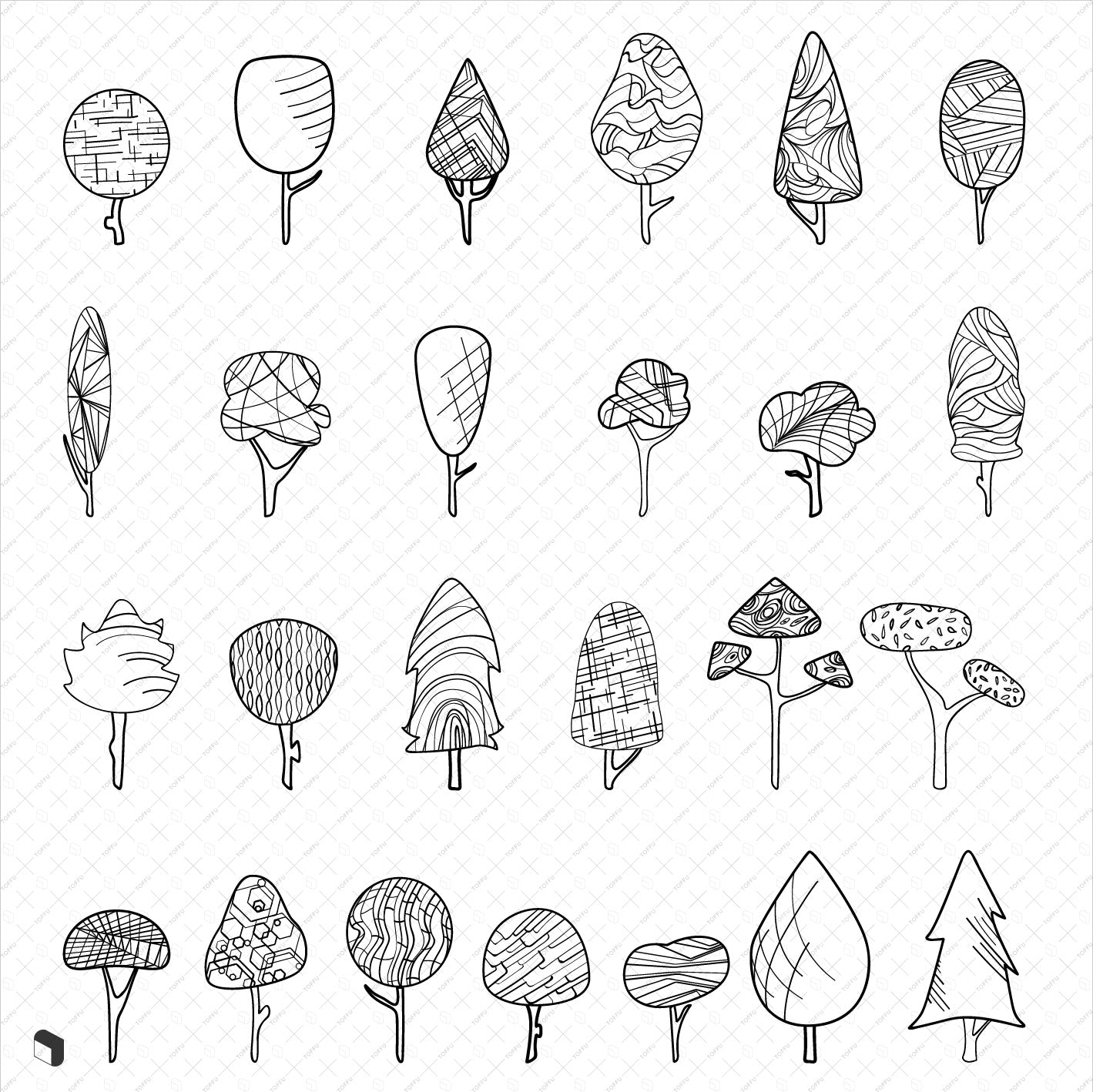 Flat Vector Freehand Trees 3 - Toffu Co
