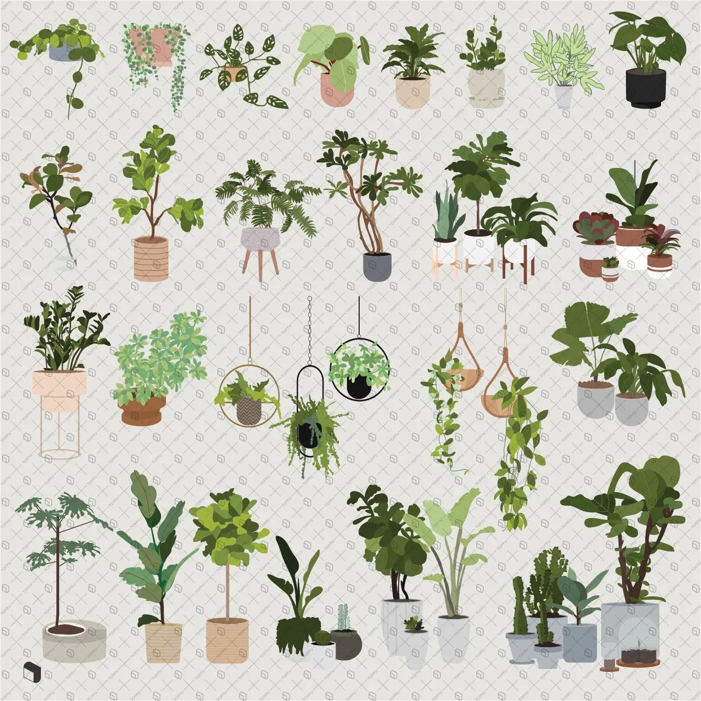Flat Vector 44 Potted Plants Pack Digital Artwork drawings | Toffu Co