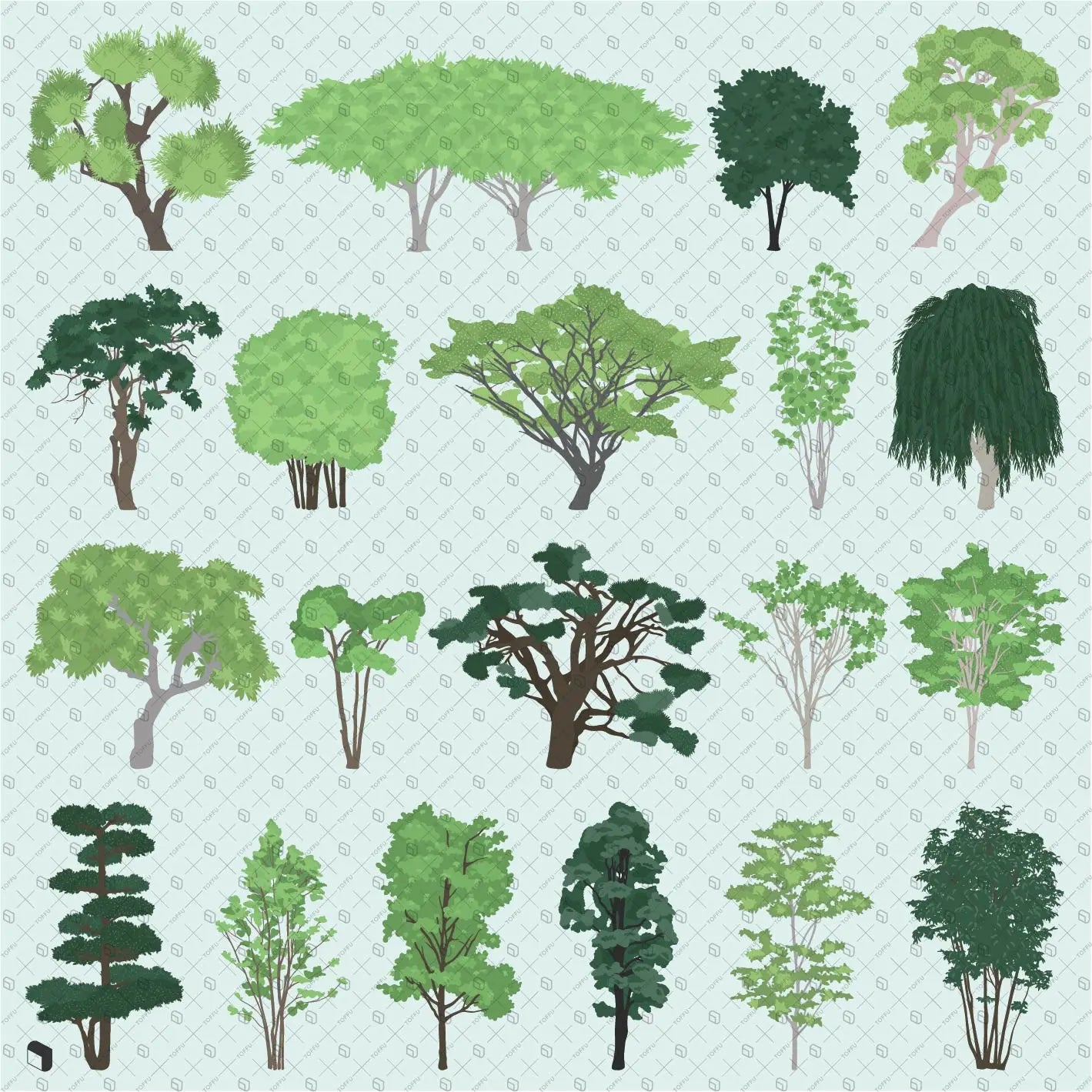 Flat Vector 20 Trees Pack Digital Artwork drawings | Toffu Co