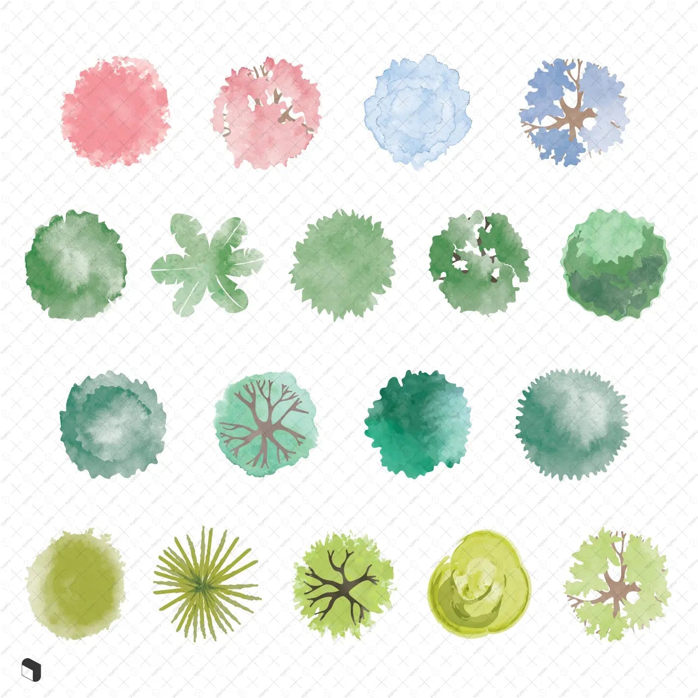 Flat Vector Watercolor Trees Top View Uncategorized drawings | Toffu Co