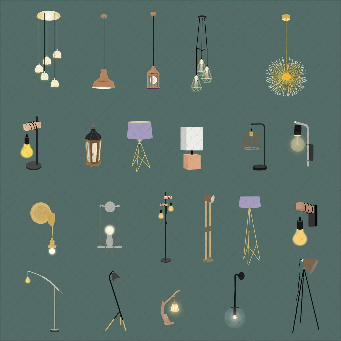 Flat Vector Ceiling, Floor, Desk & Wall Lamps Illustrations – Toffu Co