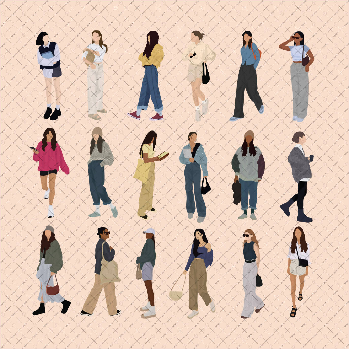Flat Vector Women Street Style PNG - Toffu Co