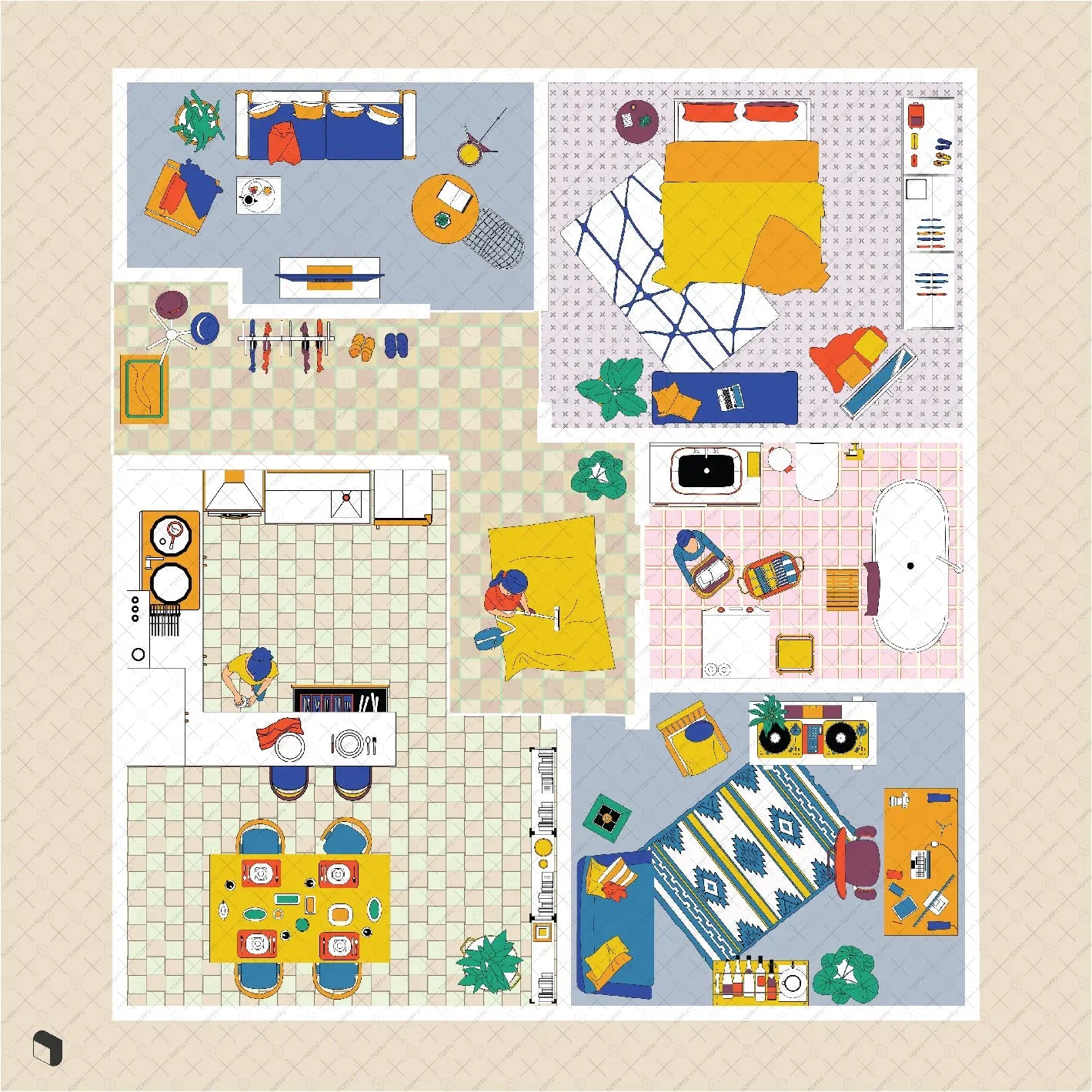 Flat Vector Outlined Interior Furniture Top View Digital Artwork drawings | Toffu Co