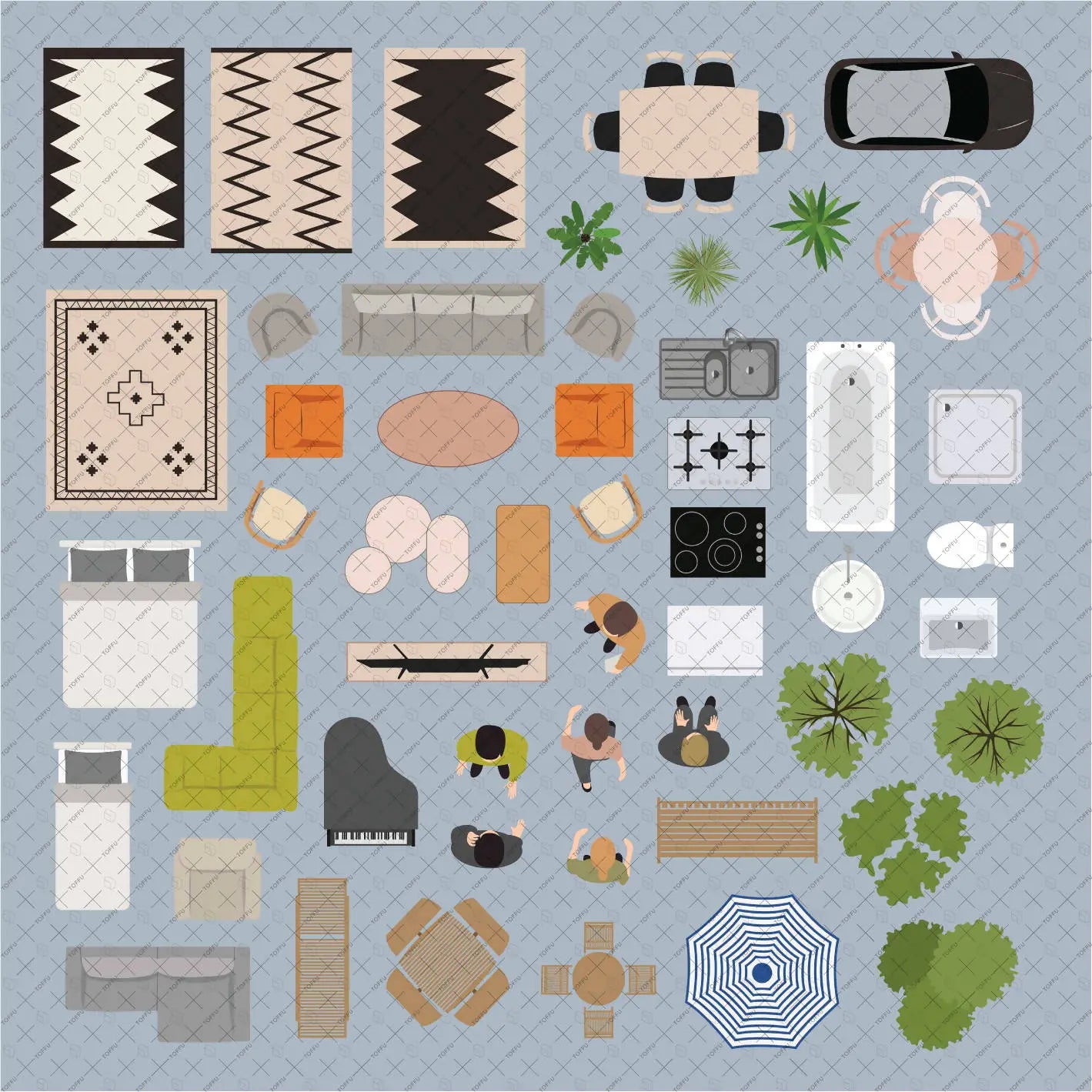 Flat Vector Top View House Objects Digital Artwork drawings | Toffu Co