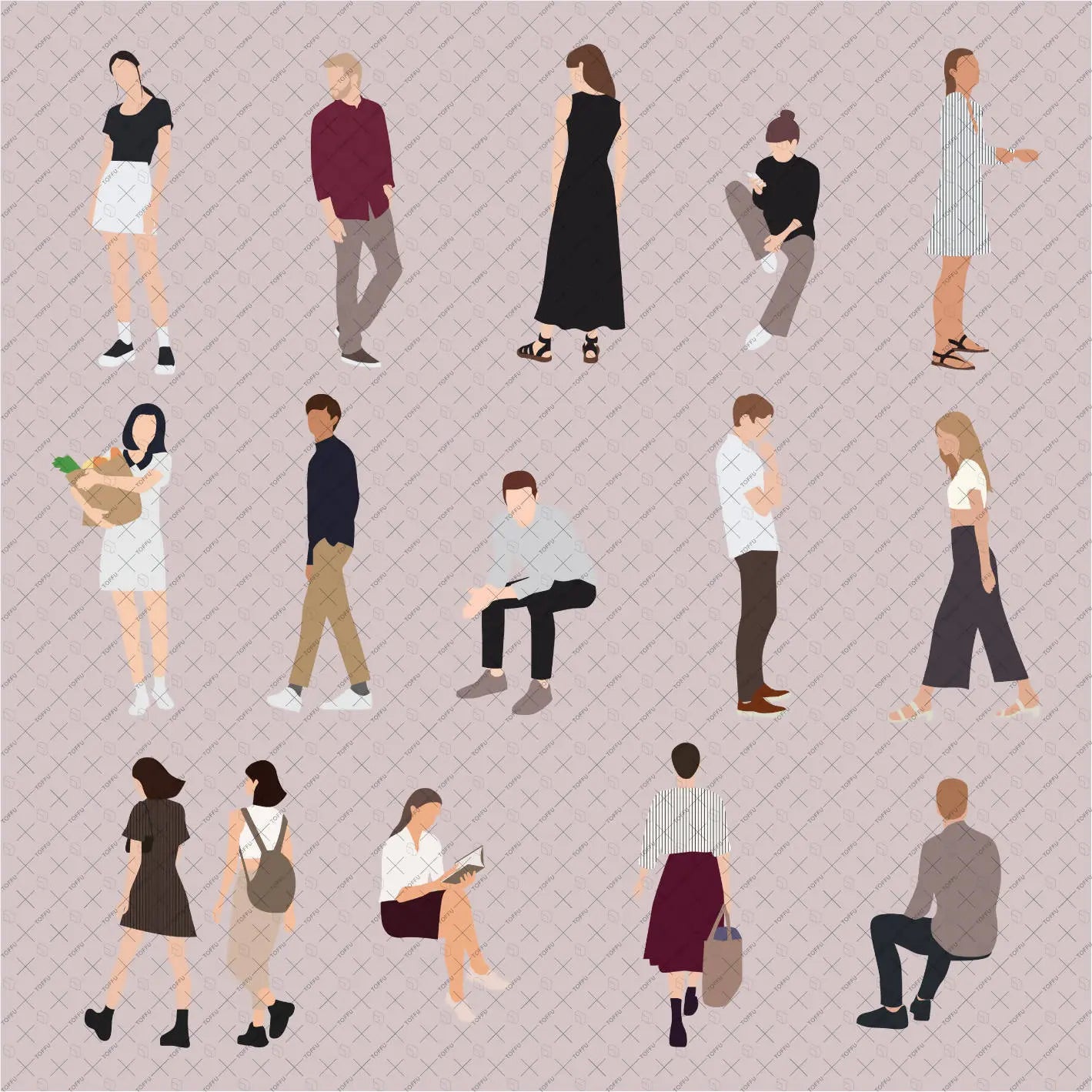 Flat Vector People (15 Figures) Digital Artwork drawings | Toffu Co
